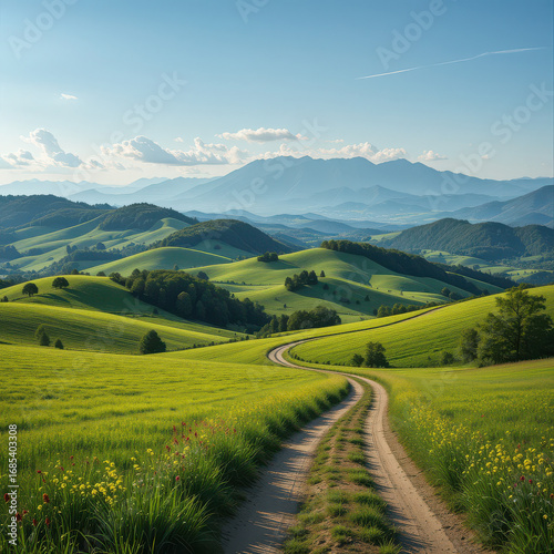 Winding dirt road through rolling green hills under a clear blue sky landscape