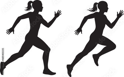 Two women running in silhouette