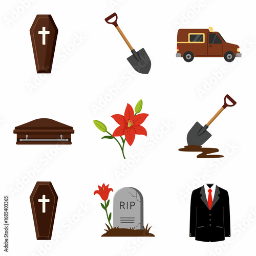 Flat design vector icons representing funeral, burial, and mourning elements including coffins, hearse, gravestone, lilies, shovels, and formal attire.