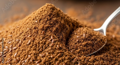 Ground flaxseed with spoon for healthy eating and dietary fiber nutrition boost