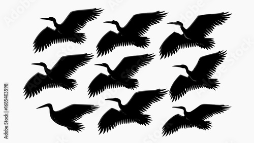 Silhouette illustration of nine birds flying in formation against a white background in a pattern