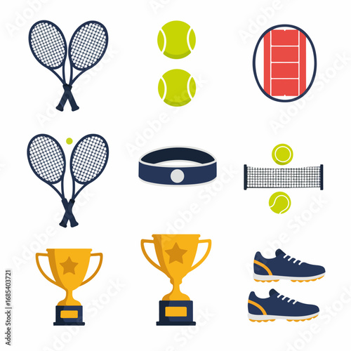 Flat design vector icons of tennis elements: rackets, balls, court, net, shoes, headband, and trophies. Perfect for sports, competition, and victory themes.