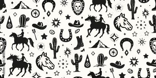 Black and white western pattern with cowboys horses cacti horseshoes and skulls on a white background