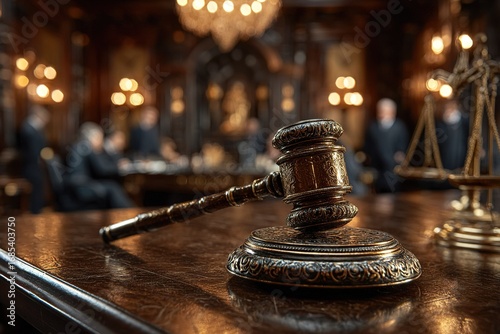 Gavel resting on a wooden table with blurred figures in a courtroom during a formal legal proceeding in the afternoon
