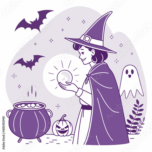 Witch with glowing crystal ball foretells future surrounded by halloween icons vector