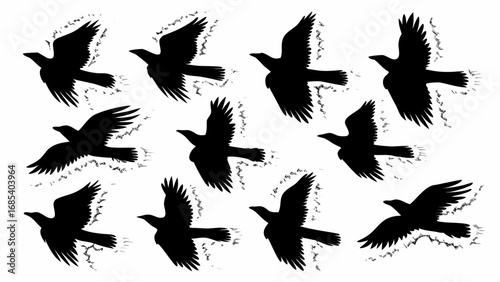 Silhouette illustration of a flock of crows flying in formation against a white background design style