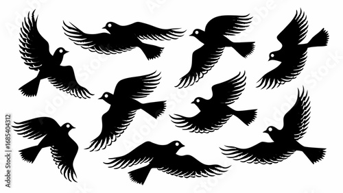 Silhouette depiction of a flock of birds in flight, with wings spread against a white background, artistic style