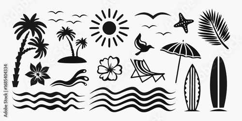 Collection of black silhouette summer beach vacation icons including palm trees sun waves flowers and surfboards