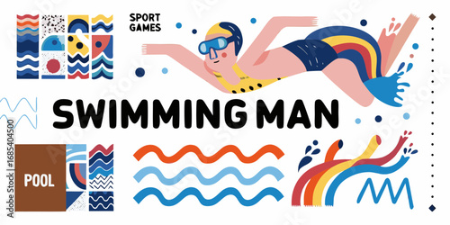 Man swimming in pool with abstract shapes and waves celebrating sport games