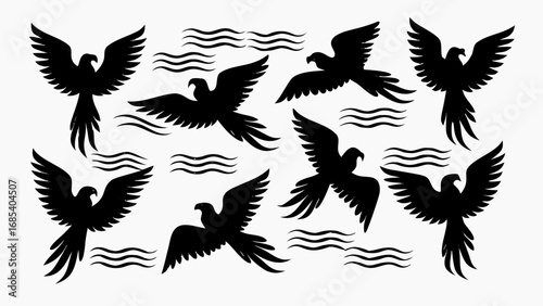 Black silhouette of birds flying with wings spread and simple wave patterns on a white background art