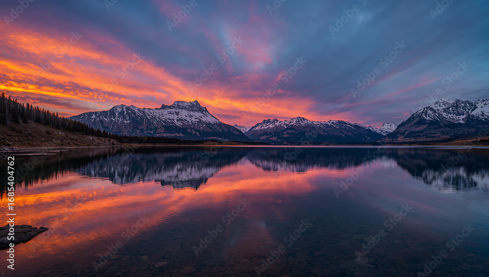 Fototapeta premium Stunning Sunset Reflection Over a Serene Lake