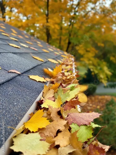 Autumn leaves gently fall on the roof of a house and accumulate in the rain gutter