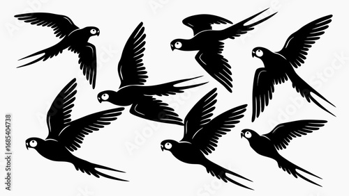Silhouette depiction of multiple parrots in flight with wings spread and long tails against white backdrop