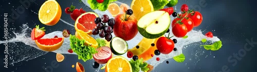 Variety of colorful fruits and vegetables splashing with water on dark background, promoting healthy eating and lifestyle.