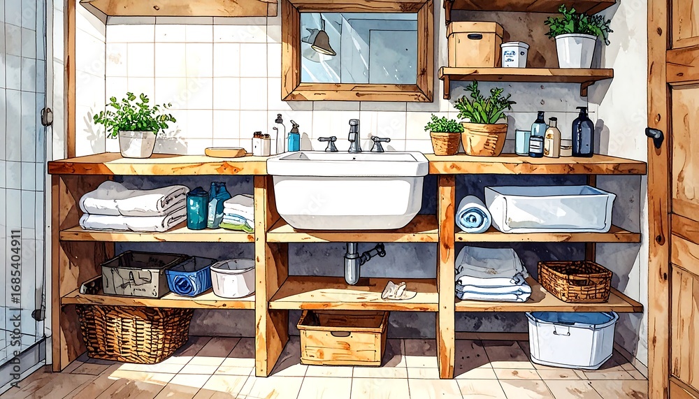 Fototapeta premium Sunny, rustic bathroom with wooden shelves, plants, and a white sink