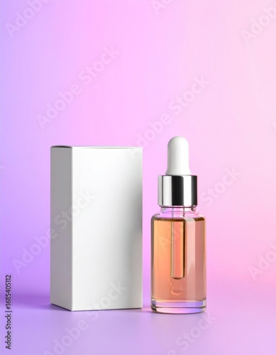 Pink Serum Dropper Bottle with White Box on Gradient Background
