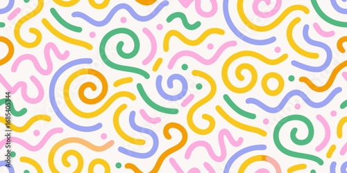 Playful abstract pattern with colorful wavy lines and swirls on a cream background