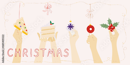 Hands holding christmas treats and ornaments with the word christmas written below