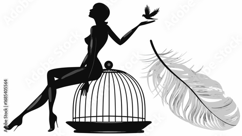 Silhouette of woman with bird on hand sitting on birdcage with feather beside her artistic design