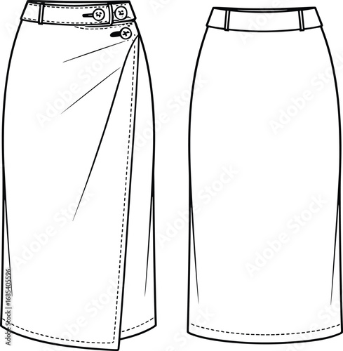 Flat cad vector sketch of wrap pencil skirt with buttons, front and back view, fashion design template, technical clothing illustration