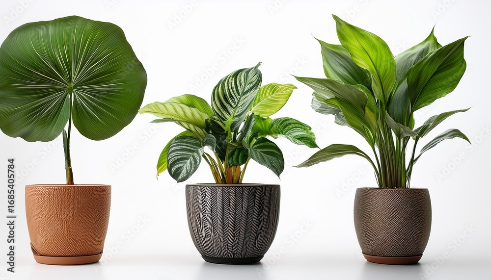 Fototapeta premium three potted plants with varied leaf shapes and sizes