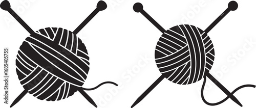 Two black yarn balls with knitting needles silhouette
