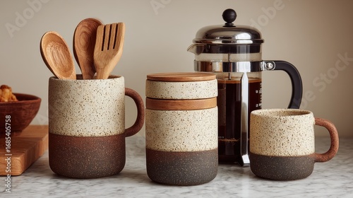 Stylish Ceramic Mugs and French Press with Wooden Utensils