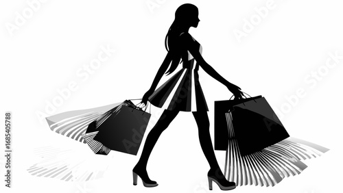 Silhouette of a woman walking with shopping bags in a dress and heels in black and white style image