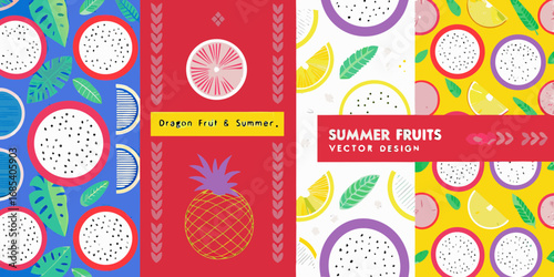Vibrant summer fruit collage featuring dragon fruit lemon and pineapple with tropical leaves
