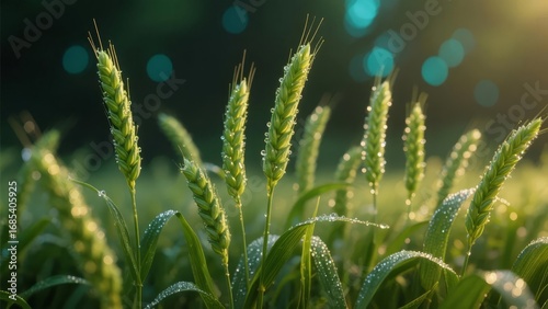 Sunlit Wheat Field with Dew Drops