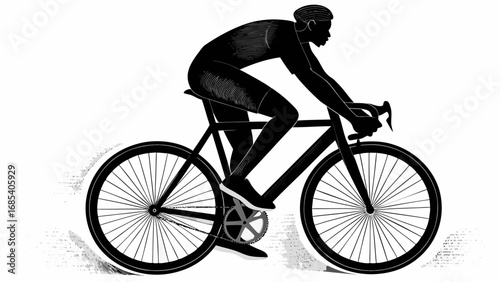 Silhouette of cyclist riding a bicycle with thin spokes and a gear on a white background design style