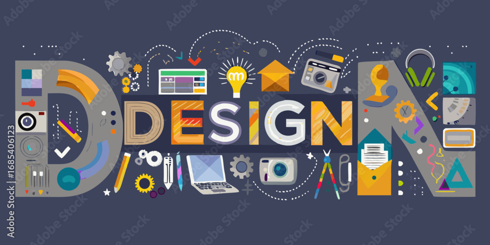 Fototapeta premium Creative design process elements and tools forming the word design concept illustration