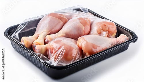 a fresh pack of raw chicken drumsticks with skin sealed for sale isolated on a white white background