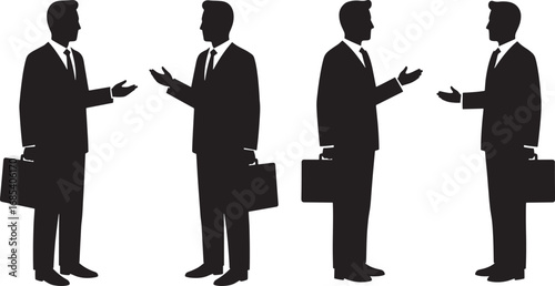 Four businessmen in suits talking silhouette
