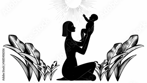 Silhouette of a mother holding a baby under a radiant sun surrounded by tropical plants and leaves