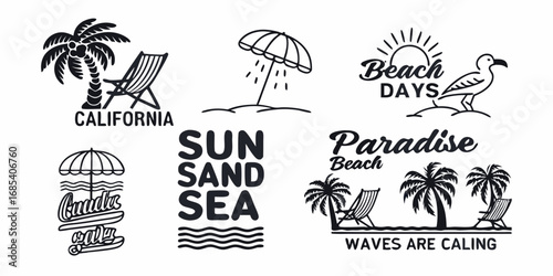Collection of black and white beach themed illustrations and typography for summer vacation