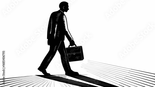 Silhouette of a businessman walking with a briefcase on a lined surface in black and white style