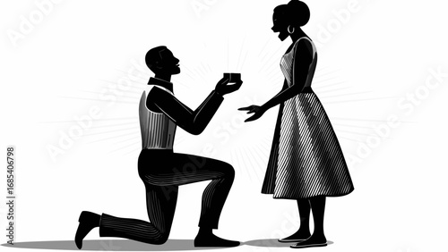 Silhouette of a man proposing to a woman with a ring in a box on a white background illustration
