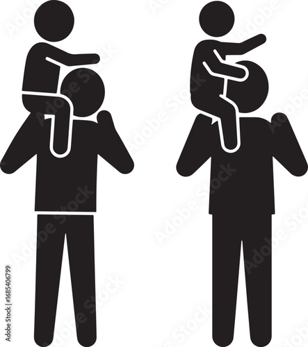Two stick figures carrying children on shoulders silhouette
