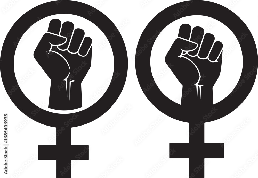 Fototapeta premium Two feminist symbols with raised fists silhouette