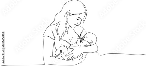 mother and child, line art drawing of woman is breastfeeding a child drawn picture silhouette. Line art. character mother feeds a newborn baby. Mothers day silhouette isolated on white background 