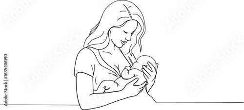 mother and child, line art drawing of woman is breastfeeding a child drawn picture silhouette. Line art. character mother feeds a newborn baby. Mothers day silhouette isolated on white background 
