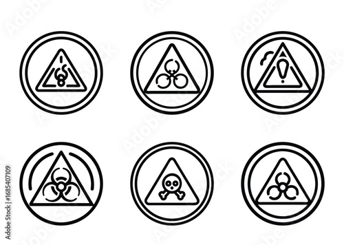 Collection of warning signs with black outlines on a white background