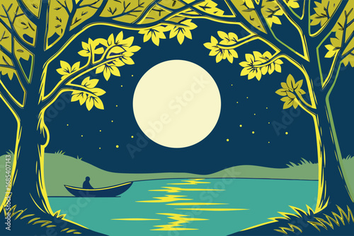 Solitary rower peacefully enjoys the luminous moonlit lake framed by radiant trees at night