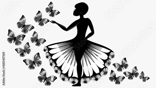 Silhouette of a woman with a butterfly dress surrounded by flying butterflies in grayscale illustration