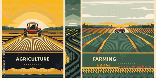 Stylized triptych depicting rural agriculture and farming with tractors and fields