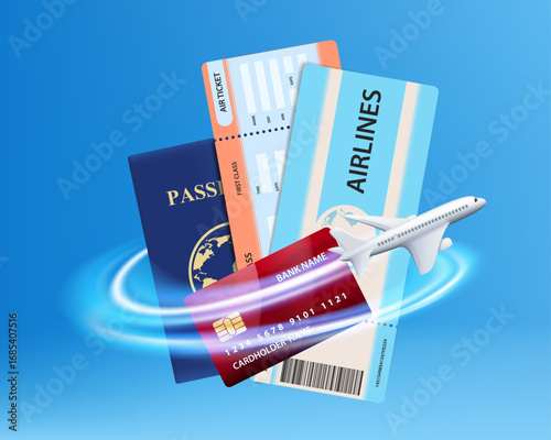 Airplane flies around airline tickets with passport. Vector illustration