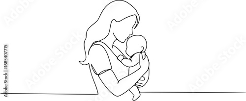 Mother and baby line art vector illustration, mothers day celebration background illustration silhouette isolated on white background 
