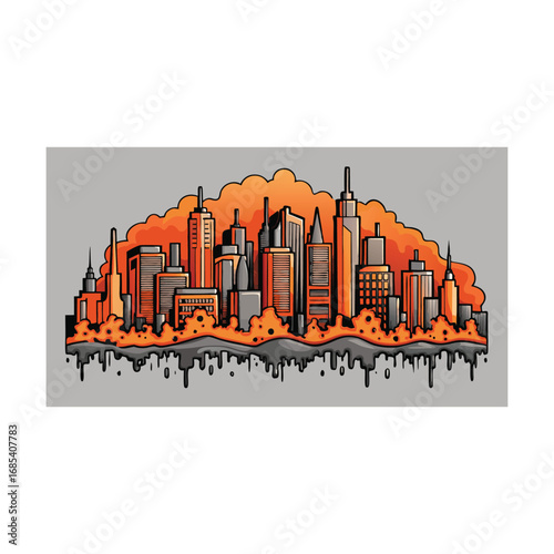 Vector cityscape illustration with orange smoke