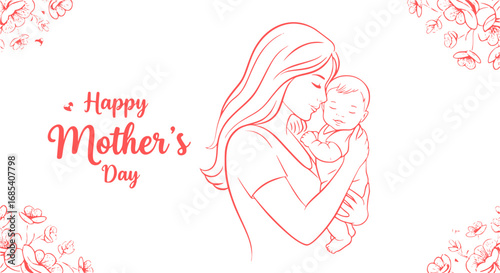 Mother and baby line art vector illustration, mothers day celebration background illustration silhouette isolated on white background 
